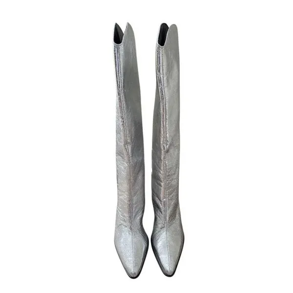 Steve Madden Metallic Silver Crinkled Knee High Block Heel Pointed Toe Boots 6.5 - Image 5