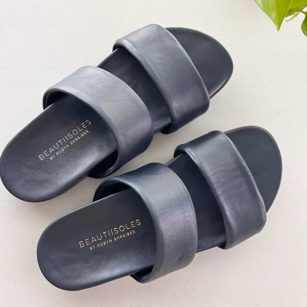 Beautiisoles Navy Blue Double-Strap Leather Minimalist Summer Slide Sandals - Image 8