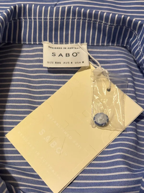 SABO SKIRT Oversized Blue & White Striped Button-Down Short Cuff Sleeve Blouse - Image 6