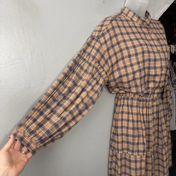 Peach Love Plaid Flannel Shirt Dress Size Small Renaissance Boho Poet Western - Image 4