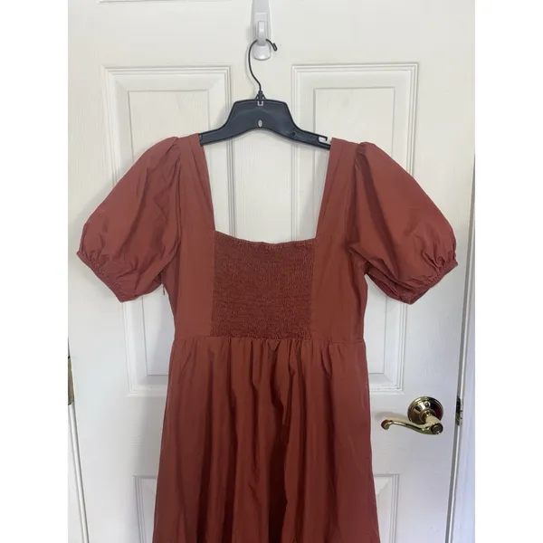 ASTR the Label Poplin Puff Sleeve Tiered Midi Dress L Square Neck Rust Cottage - Image 10