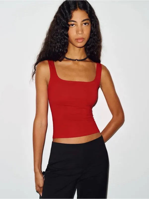 Reformation Carla red ribbed Sleeveless Square-Neck Tank Top, size S Made in USA - Image 2
