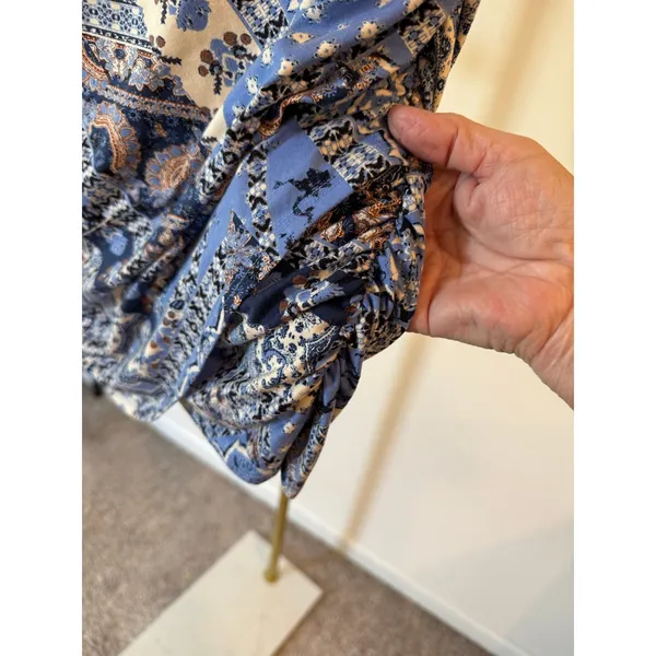 Free People Mini Skirt Womens Small Blue Geometric Print Ruched Detailed Pull On - Image 4