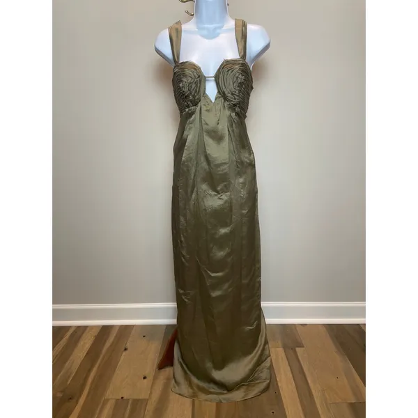 Vestique Satin Maxi Dress Size S Olive Green Keyhole Empire Waist New With Tag - Image 9