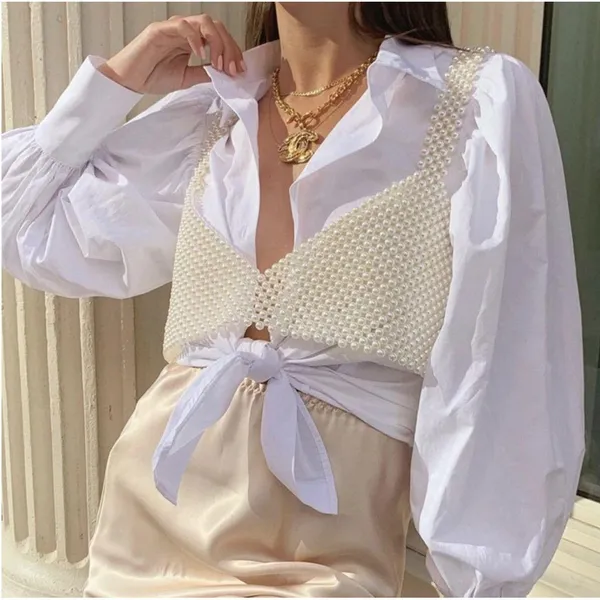 Elegant White Beaded Crop Top Size M - Image 2