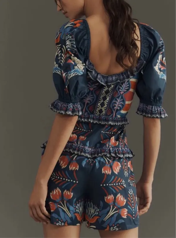 Farm Rio Puff-Sleeve Ruffled Floral Cotton Romper, Size S/M - Image 3