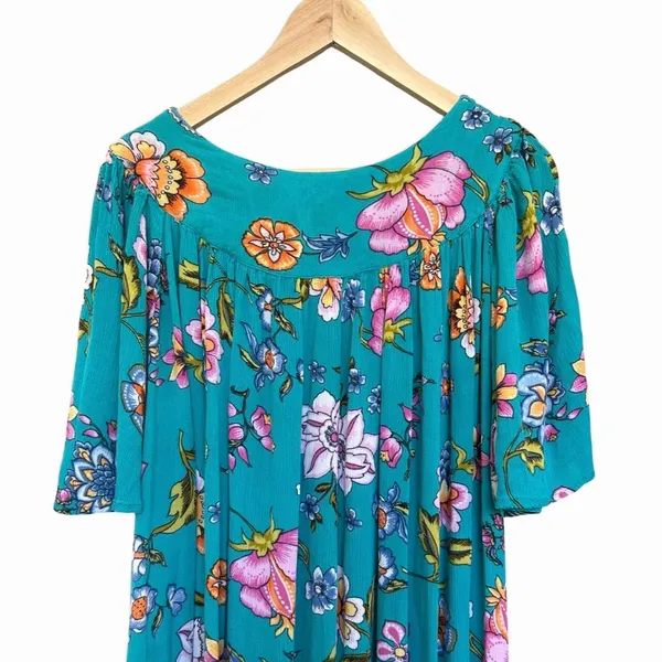 Bechamel Floral Maxi House Dress S Turquoise Pink Boho Cottagecore Artisan Folk - Image 7