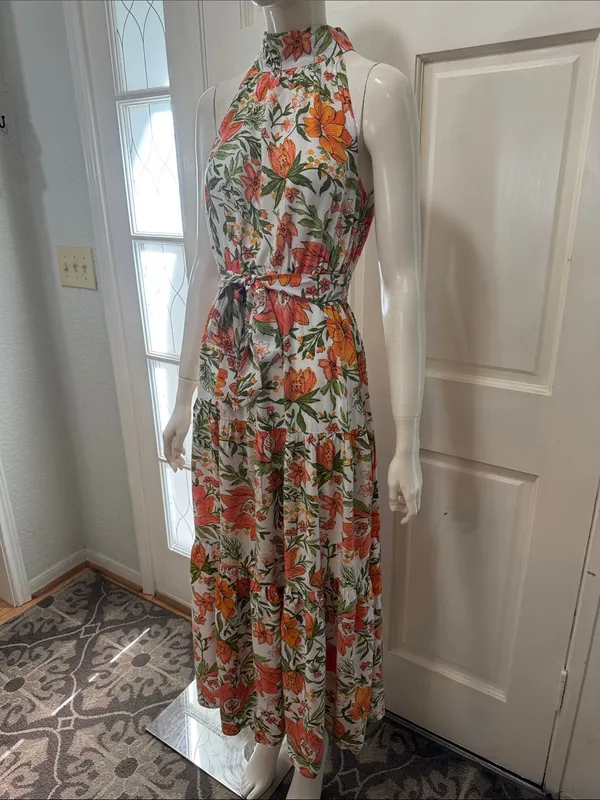 Petal&Pup Floral Halter Maxi Dress in White with Orange & Green Size 4 - Image 8