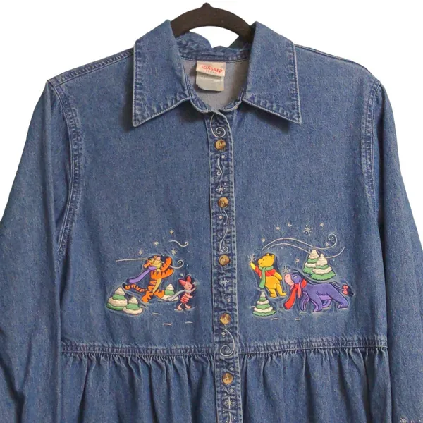 Disney Womens Shirt Dress Blue Denim Long Sleeve Embroidered Winnie The Pooh M - Image 2