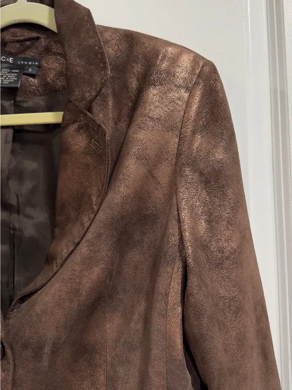 C&E Studio Metallic Bronze Genuine Suede Leather Blazer Jacket 6 - Image 6