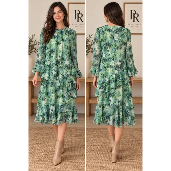 Tuckernuck Water Lillies Sasha Dress Green Floral Tiered Ruffle Midi XL NEW - Image 2