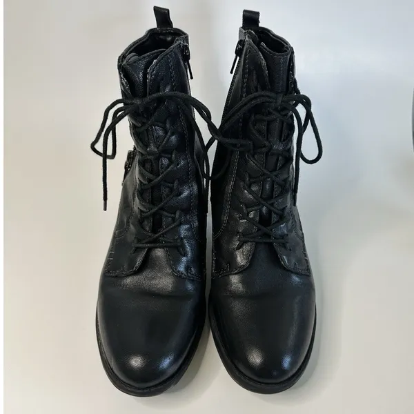 Earth Missoula Black Leather Lace Up‎ Ankle Boots Size 9 B Side Zip Stacked Heel - Image 11