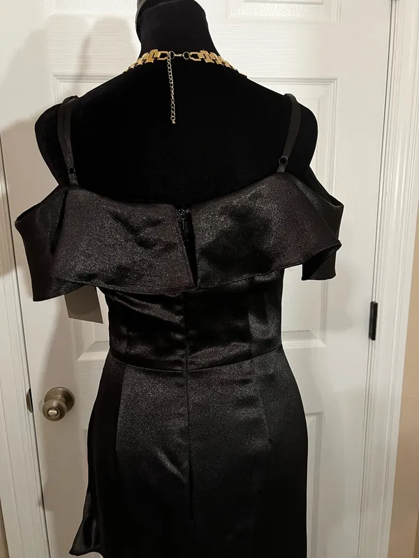 David's Bridal Black Off-Shoulder Satin Fancy Bridesmaid Wedding Guest Dress - Image 4