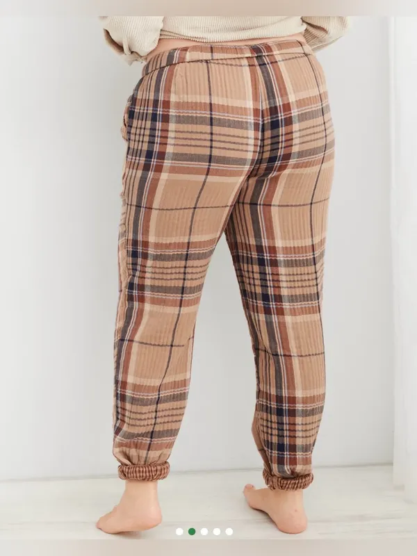 Aerie Tan Navy Plaid Soft Gauze Pajama Jogger Lounge Pants - size XL - Image 10