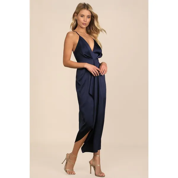 NWOT Lulus Caught Feelings Navy Blue Satin Ruffled Midi Dress Wedding Prom S - Image 3