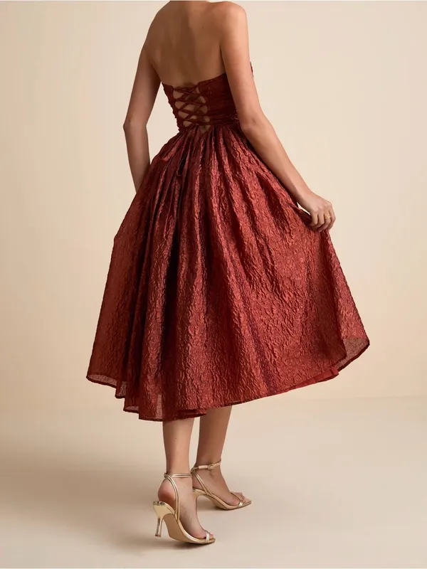 Lulus Women’s Sleeveless Analeia Rust Jacquard Lace-Up Midi Dress Size Medium - Image 2