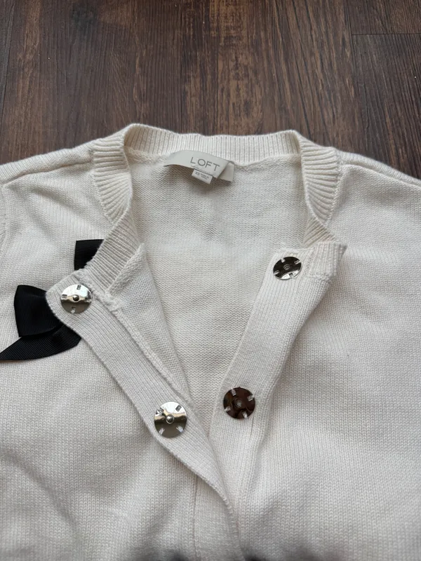 LOFT Women’s Ivory Cardigan Black Satin Bow Ribbon Coquette Crewneck Sweater- XS - Image 6