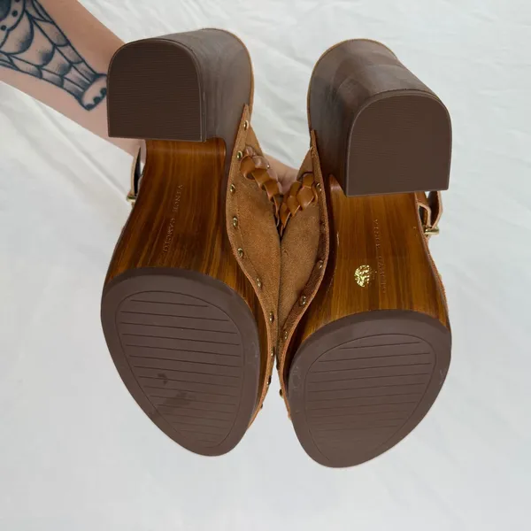 Vince Camuto Crashell Tan Suede Platform Clogs Braided Buckle Mules Studded 9.5 - Image 5