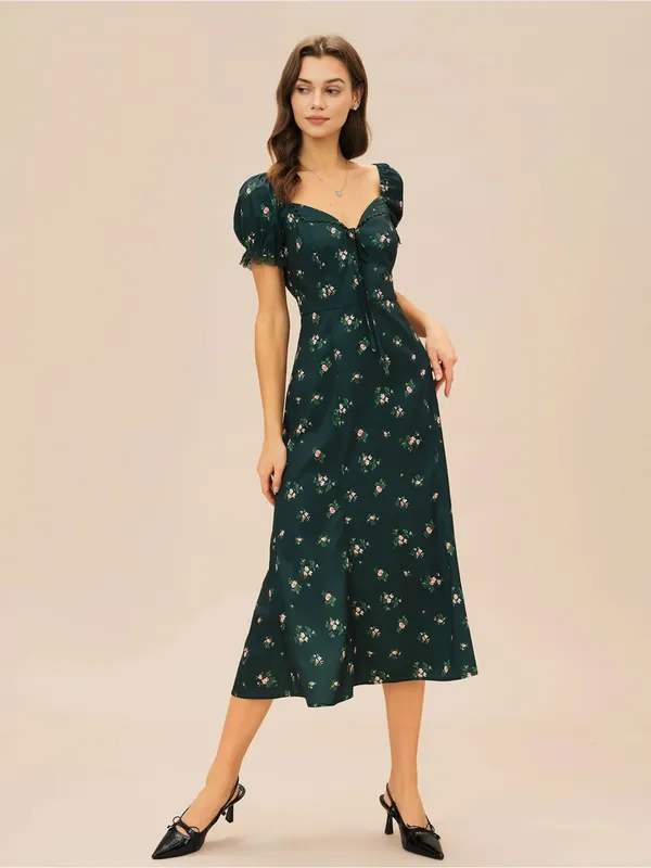 Rihoas Green Puffed Sleeve Floral Midi Dress - Image 5