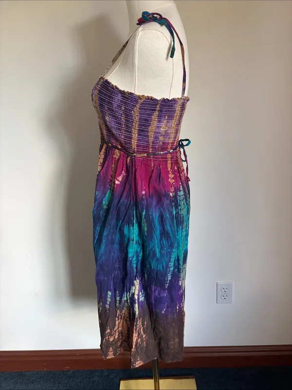 Motherhood Maternity Purple Teal Brown Tie-Dye Smocked Midi Dress - Image 3