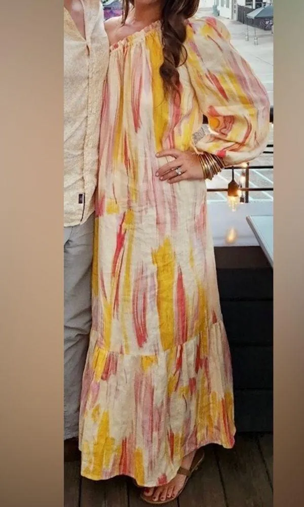 Anthropologie Little Lies Costa Rica One Shoulder Linen Pink Yellow Dress - Image 4