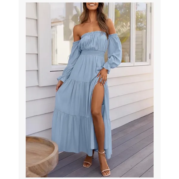 NEW Blue Off Shoulder Split Flowy Wedding Guest Maxi Dress M 8/10 - Image 6