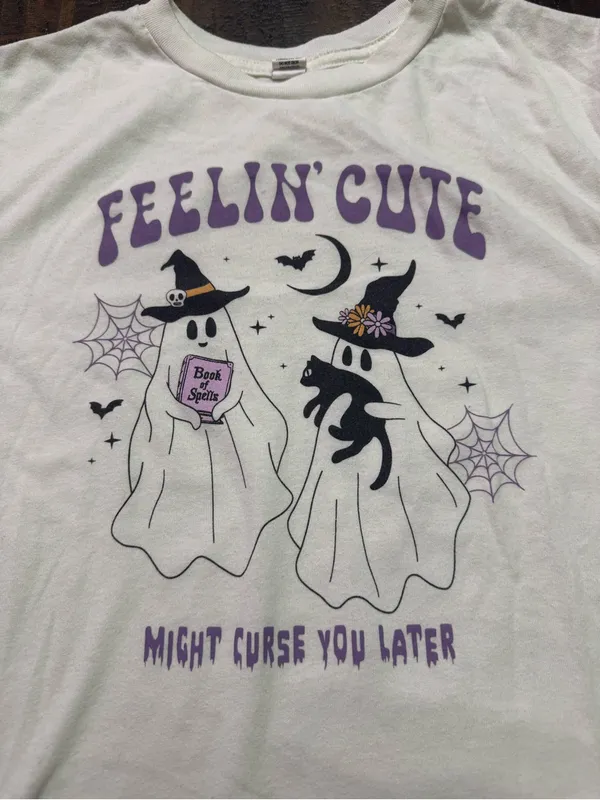 Feelin' Cute Halloween Ghost Graphic Tee - Off White & Purple - Image 2
