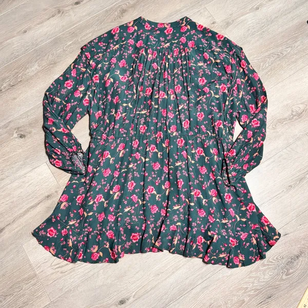 Free People Flower Fields Mini Dress‎ Drawstring Waist Teal Pink Medium M - Image 2