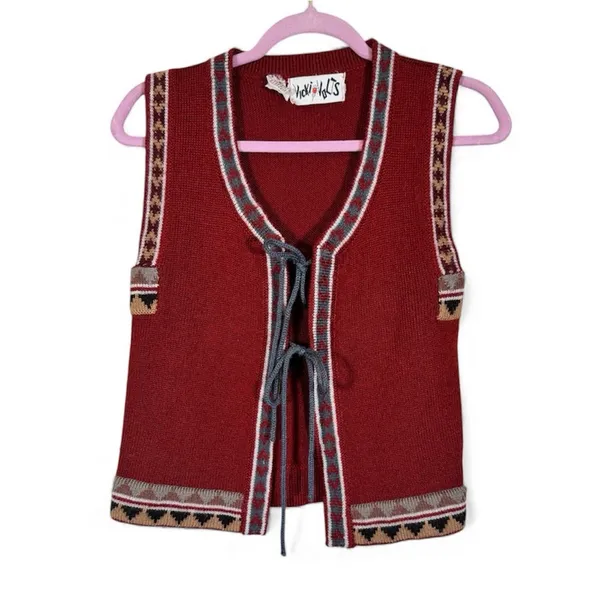 Vintage 70s Vicki Volts Red Grey Sweater Vest Womens S Fall Warm Hippie Folk - Image 2