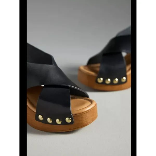 Anthropologie Genuine Leather Studded Wood-Bottom Platform Sandals - Image 2