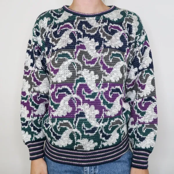 Vintage 80’s Abstract Purple and Green Sweater - Image 2