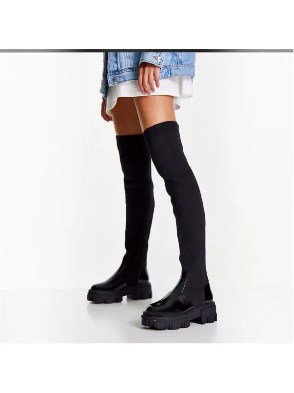 ASOS DESIGN Kimmy Chunky Flat Lug Sole Over The Knee Pull-On Boots Black Size 8 - Image 2