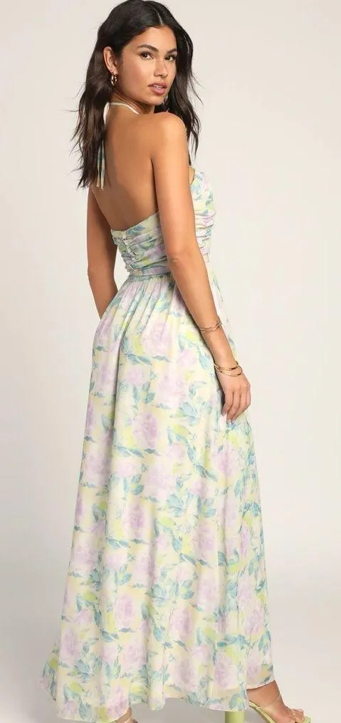 Lulu’s Effortlessly Abloom Green Multi Floral Ruched Halter Maxi Dress - Image 2