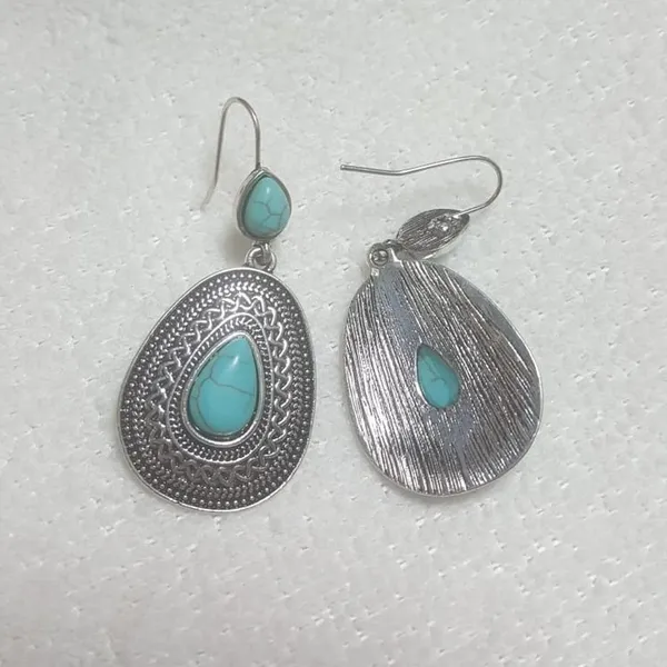 Vintage Boho Silver Turquoise Gemstone Drop Dangle Hooks Earrings Blue - Image 2