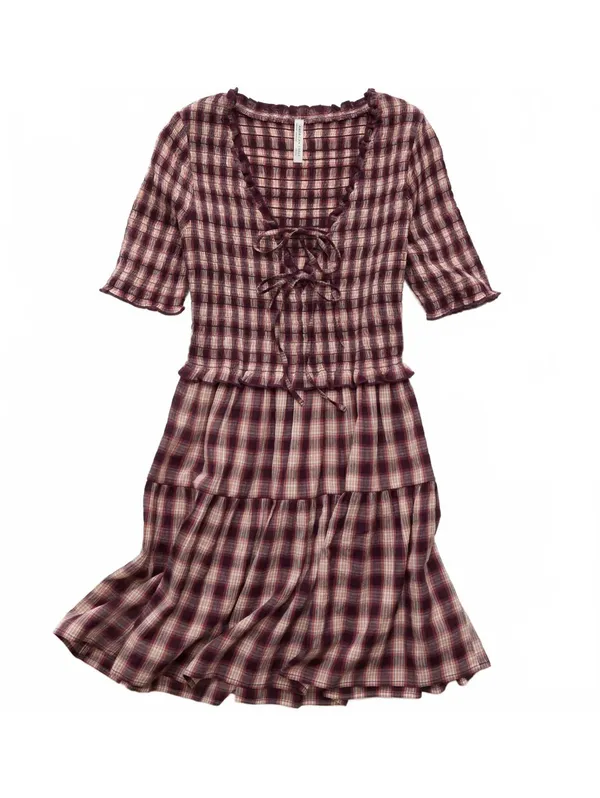 AE Puff Sleeve Tie Front Plaid Mini Dress American Eagle Pink NWT Burgundy XXL - Image 4