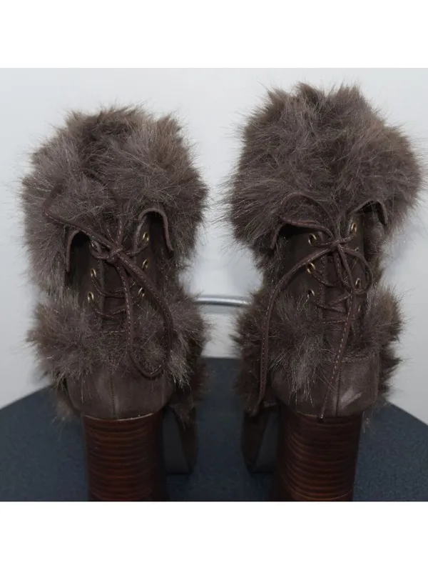 Dolls Kill Fur Trim Suede Platform Boots Brown Chunky Heel Mid-Calf, Size 10 - Image 2