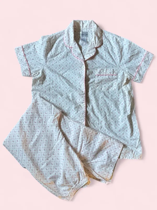 Vintage Short Sleeve Cotton Pajama Set with Pink Piping and Floral Motif Size M - Image 2