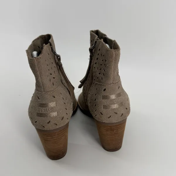 TOMS Majorca Taupe Suede‎ Perforated Peep Toe Booties Womens Heel Shoes - Image 6