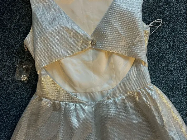 Aqua silver dress open back jewel button lined ribbed sides worn 1x cleaned 6 - Image 4