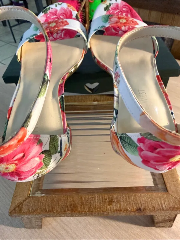 Nine West Floral Open-Toe Ankle-Strap Block Heels in Pink and Green - Image 4
