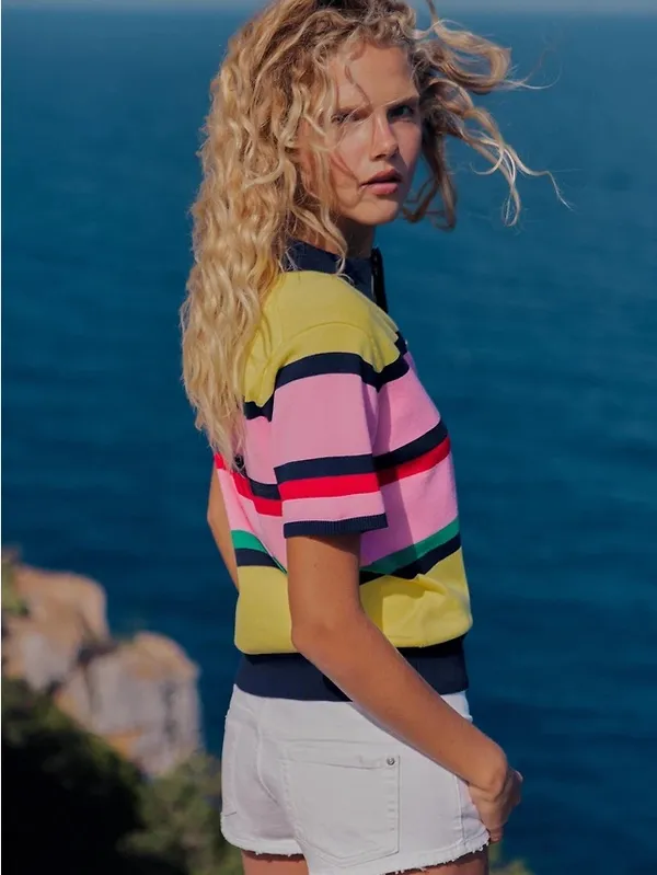 NWT Zara Multi-Stripe Short Sleeve Knit Polo Sweater Top Yellow Pink Blue Large - Image 9