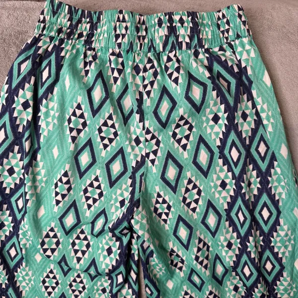 BOHO Wide Leg Palazzo‎ Pants Size S Green Geometric Smocked Waist Festival Flowy - Image 11