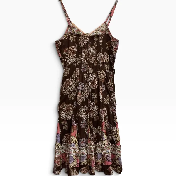 Funky People Vintage Patchwork Floral Sequin‎ Boho Midi Dress Brown Pink M Y2K - Image 4