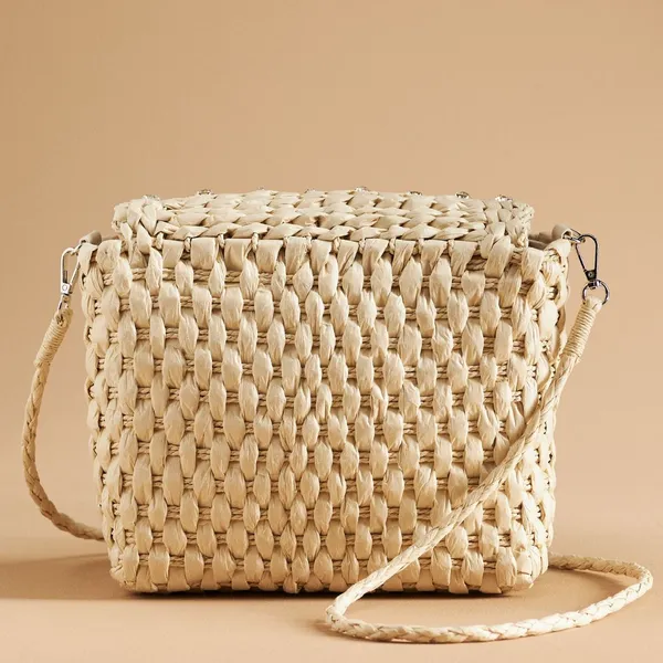 Anthropologie Embellished Straw Crossbody‎ Bag NWT Tan Cream Woven - Image 2