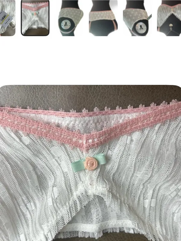 Free People Ivory Lace Bralette with Pink Trim and Mint Rose Accent - Image 5
