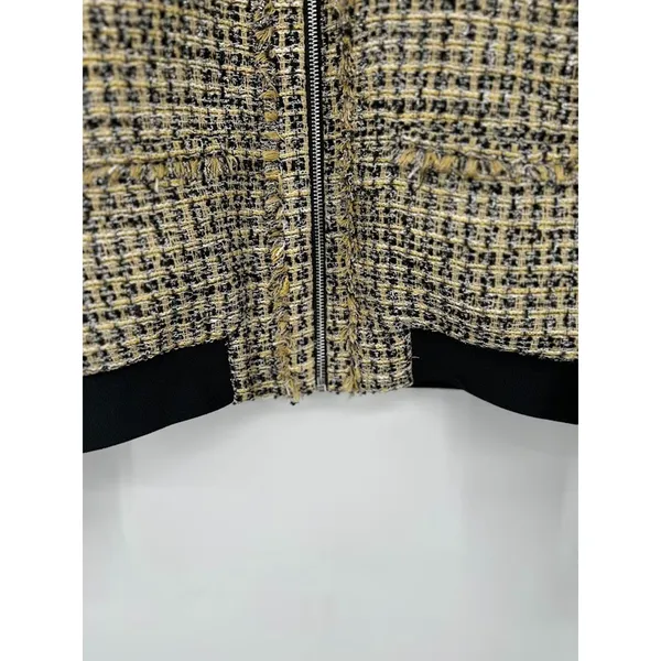 Ann Taylor Tweed‎ Jacket Bomber Zip Blazer Size 8 Fringe Career Yellow Metallic - Image 4