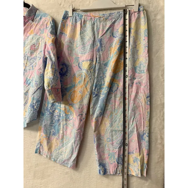 Lauren Ralph Lauren Pajama Set Womens Medium Pink Paisley Cotton 3/4 Sleeve Crop - Image 11