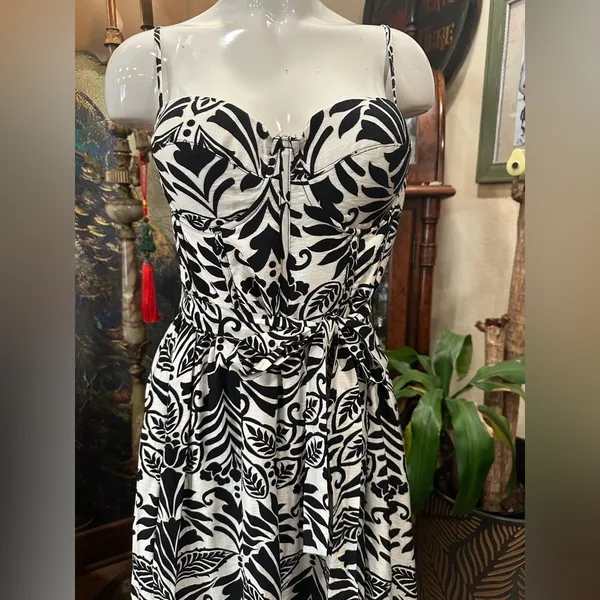 TCEC Noir Elegance Midi Dress Black White Leaf Print Bustier Tropical Resort L - Image 3