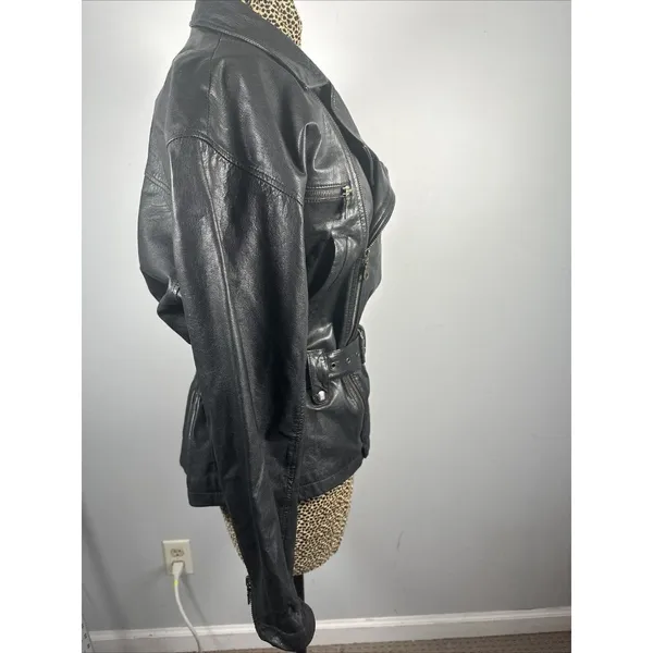 Boutique Europa Womens Leather Jacket Coat Black Moto‎ Biker Zip Belt 90s - Image 9