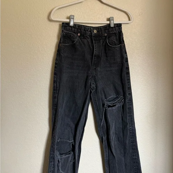 ZARA Cuffed Hem‎ Folded Over High Rise Wide Leg Jeans Sz 4 Black Distressed - Image 2
